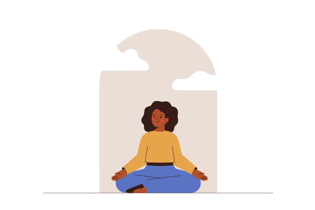 Illustration shows woman smiling and meditating with clouds and sky behind