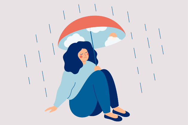 Illustration shows woman protecting herself from rain with an umbrella lined with sunshine