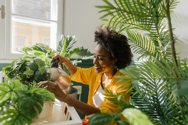 Woman waters plants in bright room