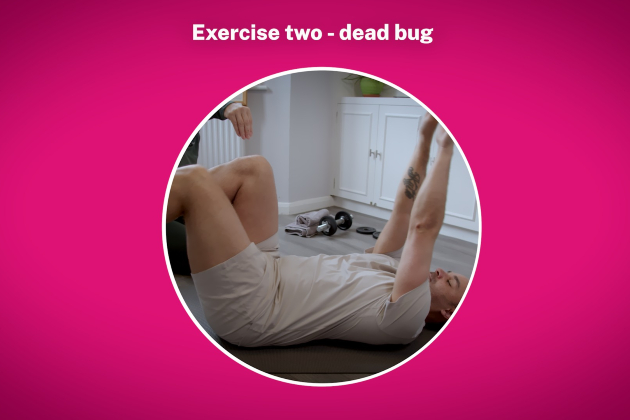Close up of someone performing the dead bug exercise, on their back with their arms above their head