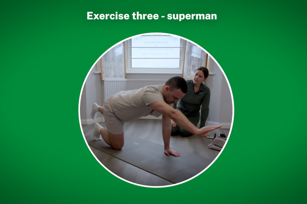 Close up of someone performing the superman Pilates exercise, stretching one arm and the opposite leg out