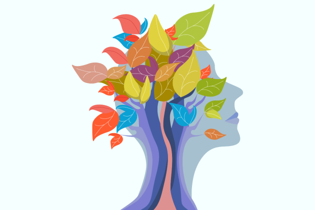 Illustration showing a human head and neck, with a tree blossoming with bright colourful leaves, sprouting from within the head and neck.