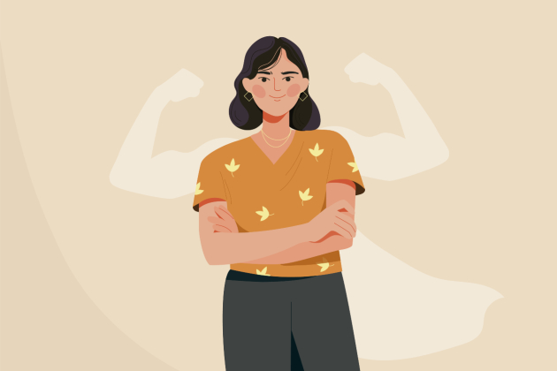 Illustration showing a confident, happy female character. Behind her is a shadow showing her biceps and a flowing cape.