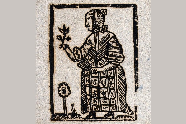 Credit: A witch holding a plant in one hand and a fan in the other. Woodcut, ca. 1700-1720. Wellcome Collection. Public Domain Mark