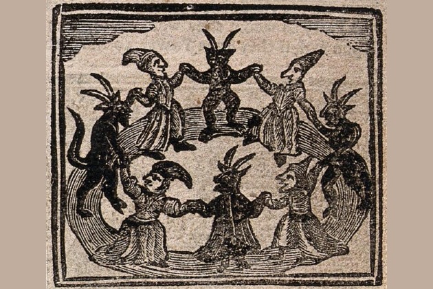 Credit: Witchcraft: witches and devils dancing in a circle. Woodcut, 1720. Wellcome Collection. Public Domain Mark