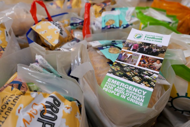 Close-up photo of food packages at a foodbank in Midlothian, Scotland