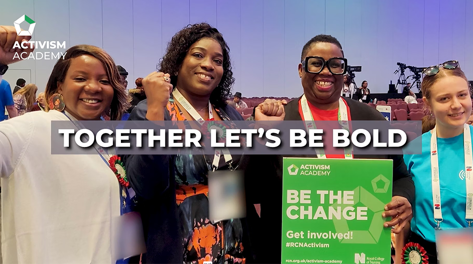 RCN members standing together with a sign that says Be the change