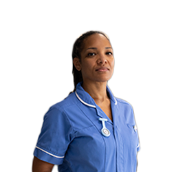 A member of nursing staff in a blue uniform