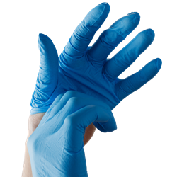 2 hands with glove being taken off