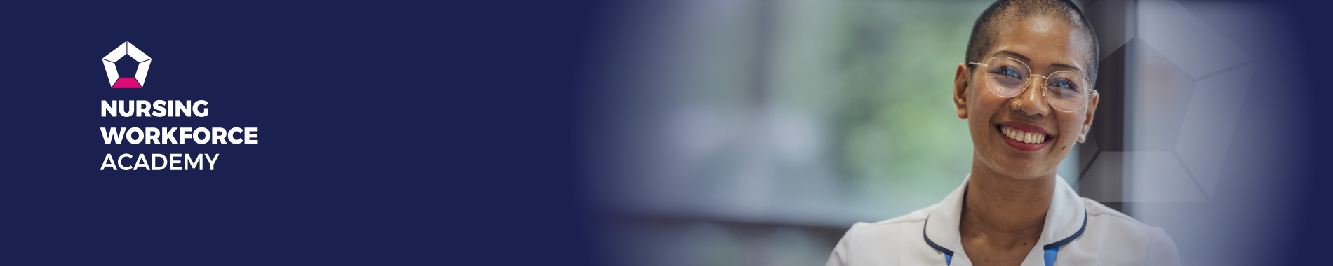 Dark blue banner that reads 'Nursing Workforce Standards' accompanied by the words 'Nursing Workforce Academy' and a white and pink pentagon logo.