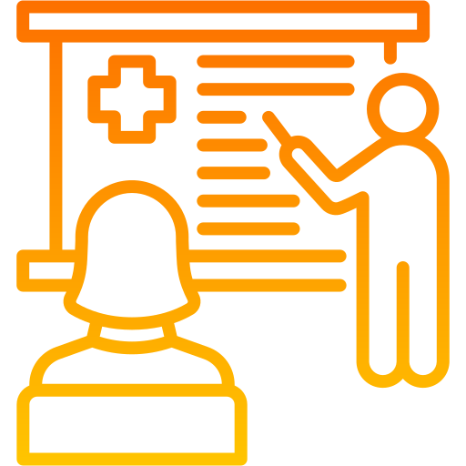 Illustration of a student watching a lecturer point at a chart with a medical cross symbol