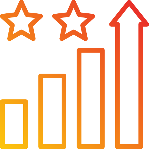Graphic of a bar chart with two stars above it. The chart has 4 bars that are steadily increasing.