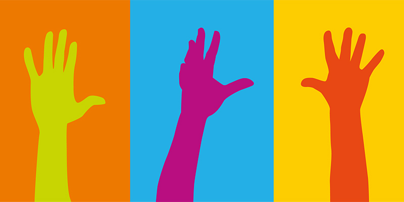 three raised hands multicoloured graphic