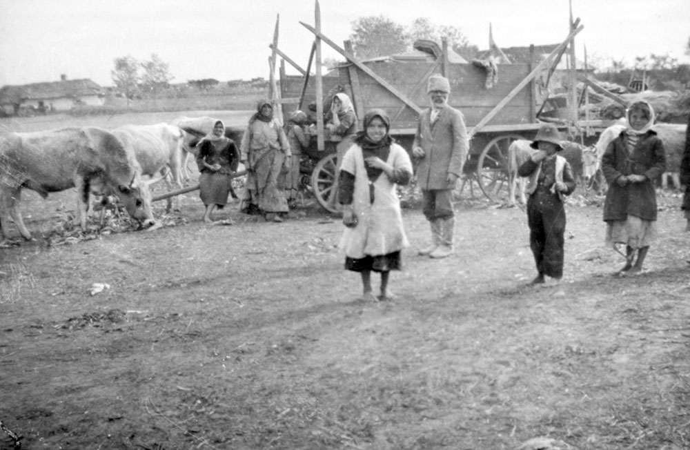 Local people including a family with children, barefoot and oxen and cart, Romania.