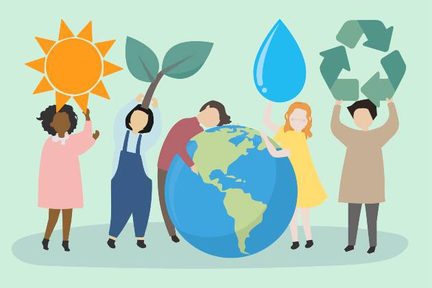 graphic of a group of people holding or embracing various symbols related to the environment and climate change - the sun, a tree branch, the glove, a water droplet and the recycling symbol