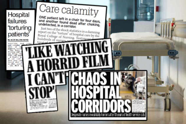 A composite image shows an empty bed in a hospital corridor. Various newspaper headlines are overlaid on top of the image, including "Chaos in hospital corridors" and "Like watching a horrid film I can't stop" 